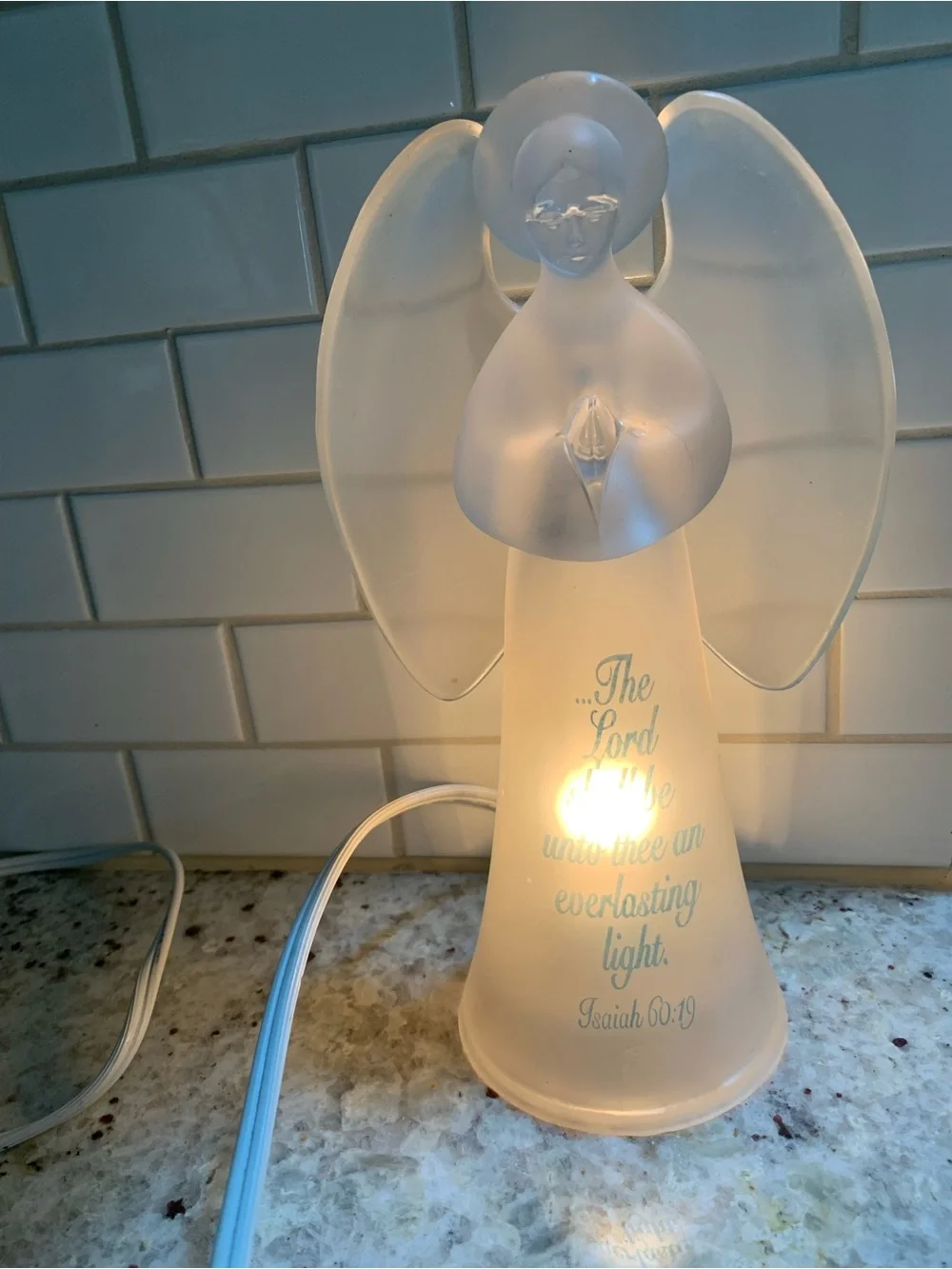 AVON Angel Frosted Glass Angel Night Light. Isaiah 60:19 Verse.  - White